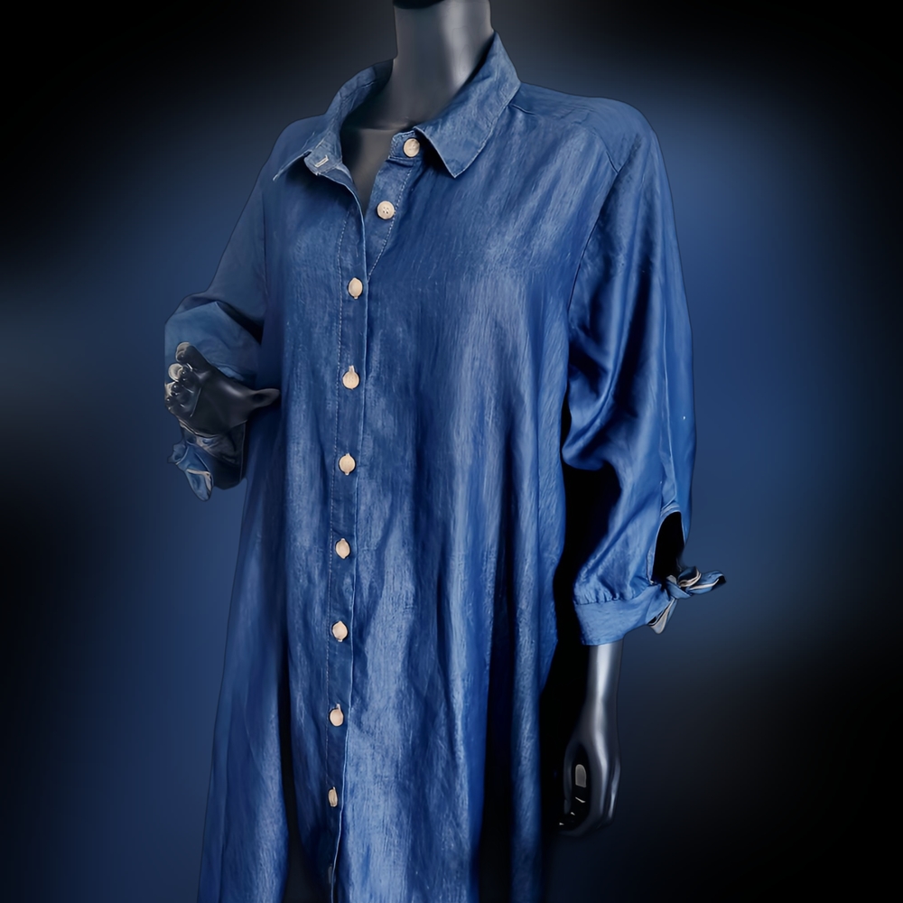 Mlle Gabrielle 2XL denim shirt dress, button up with tie peasant sleeve
